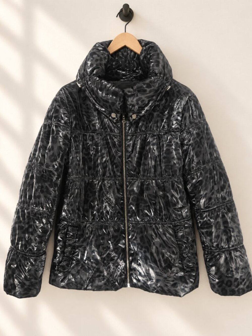 🇨🇦 Bianca Nygård, Leopard Print Puffer Jacket, Y2K, Glossy Black & Grey, S 12